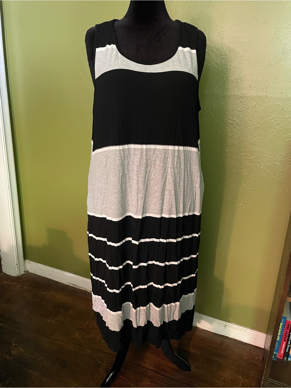 Lane Bryant Black, Gray and White Sleeveless Striped Maxi Dress